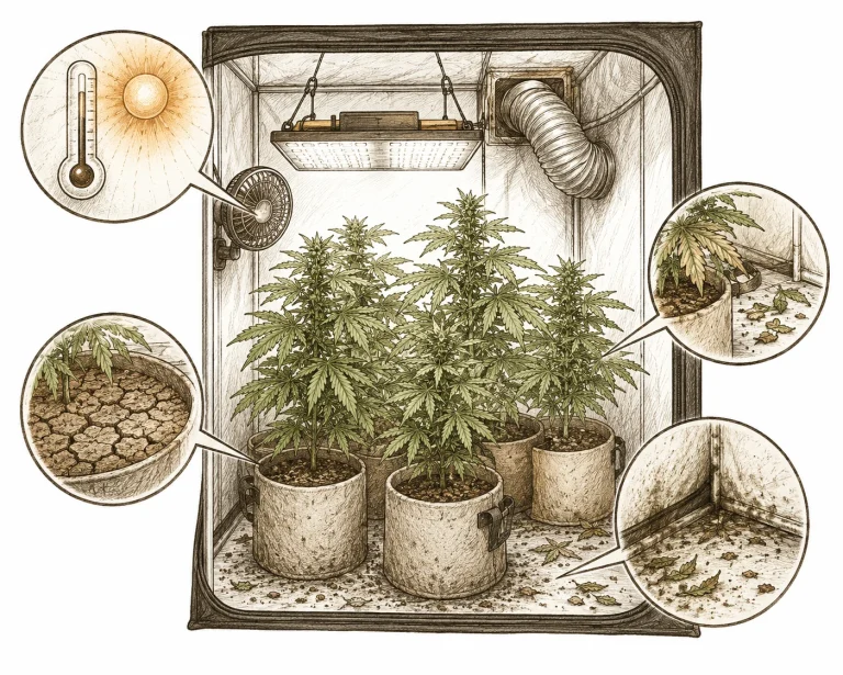 Wurzelläuse Cannabis: Cannabis-Töpfe in einer Growbox mit angedeuteten Risikobereichen wie trockenem Substrat