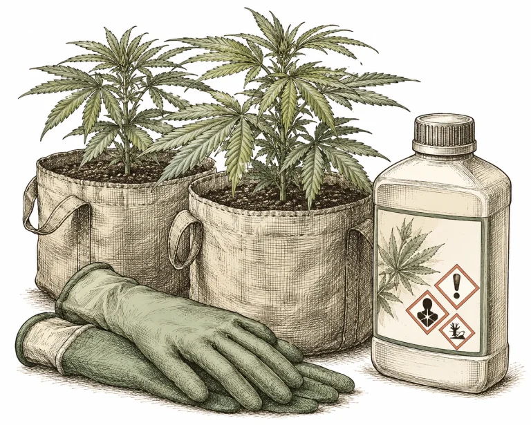 Wurzelläuse Cannabis: Schutzausrüstung und Pflanzenschutzmittel neben Cannabis-Töpfen