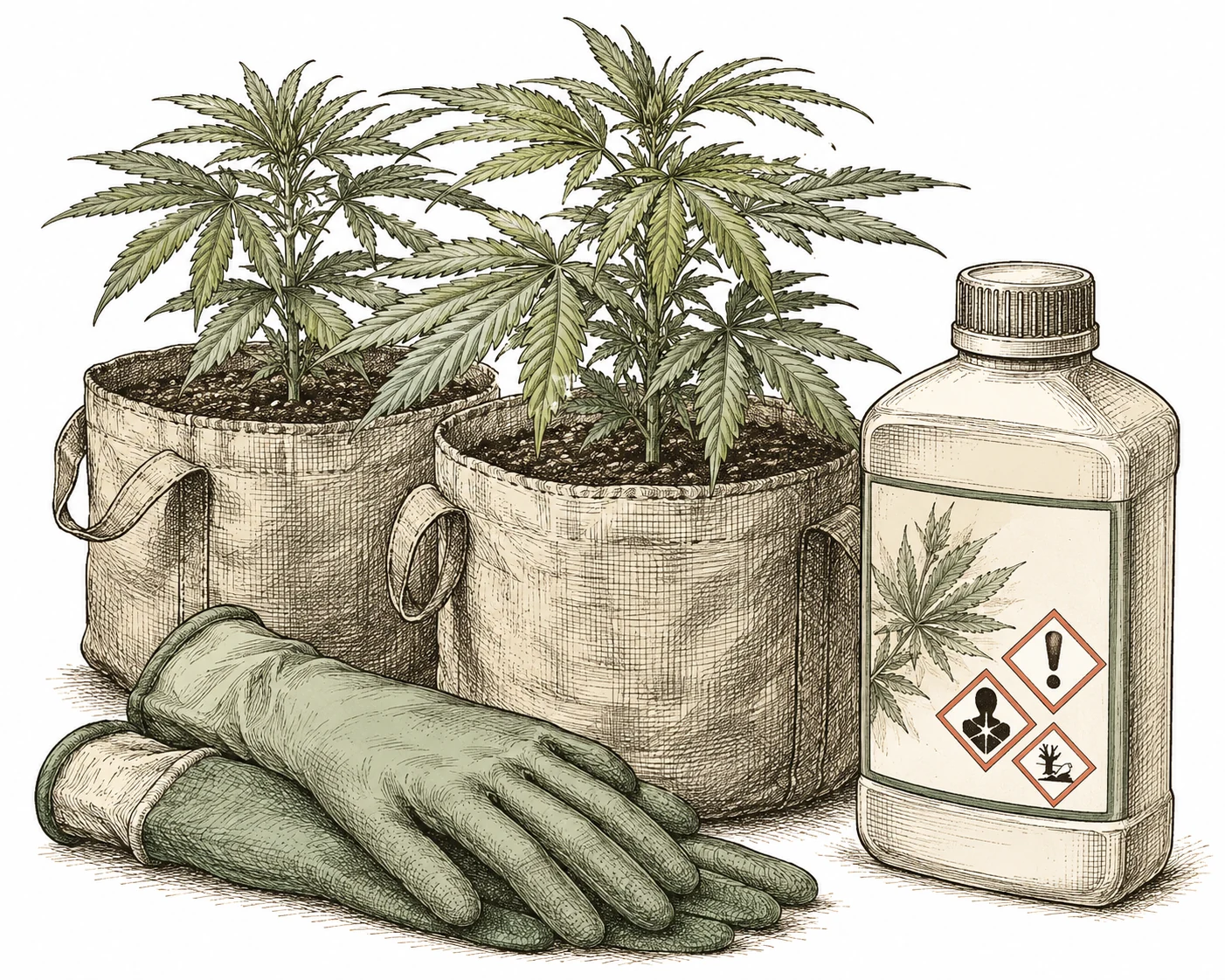 Wurzelläuse Cannabis: Schutzausrüstung und Pflanzenschutzmittel neben Cannabis-Töpfen