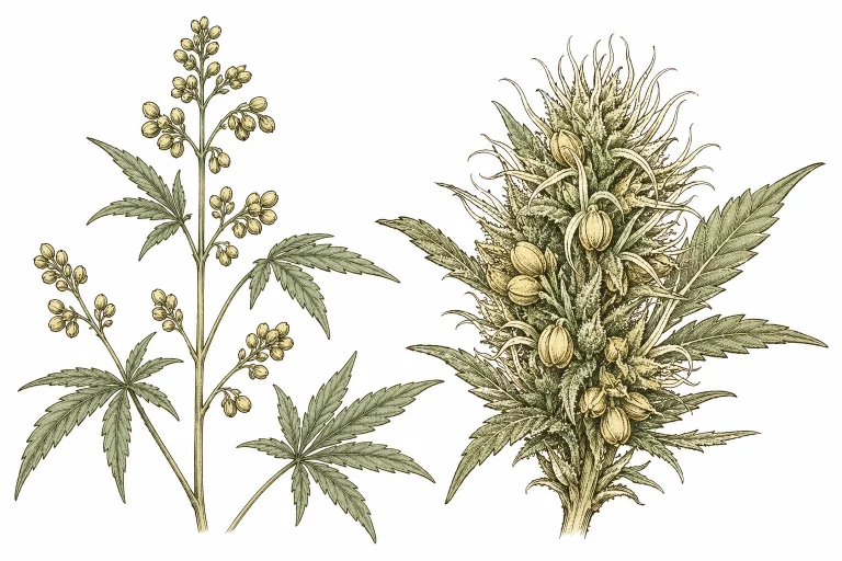 Vergleichsbild nebeneinander: Links männliche Cannabispflanze mit Pollensäcken an separaten Stielen