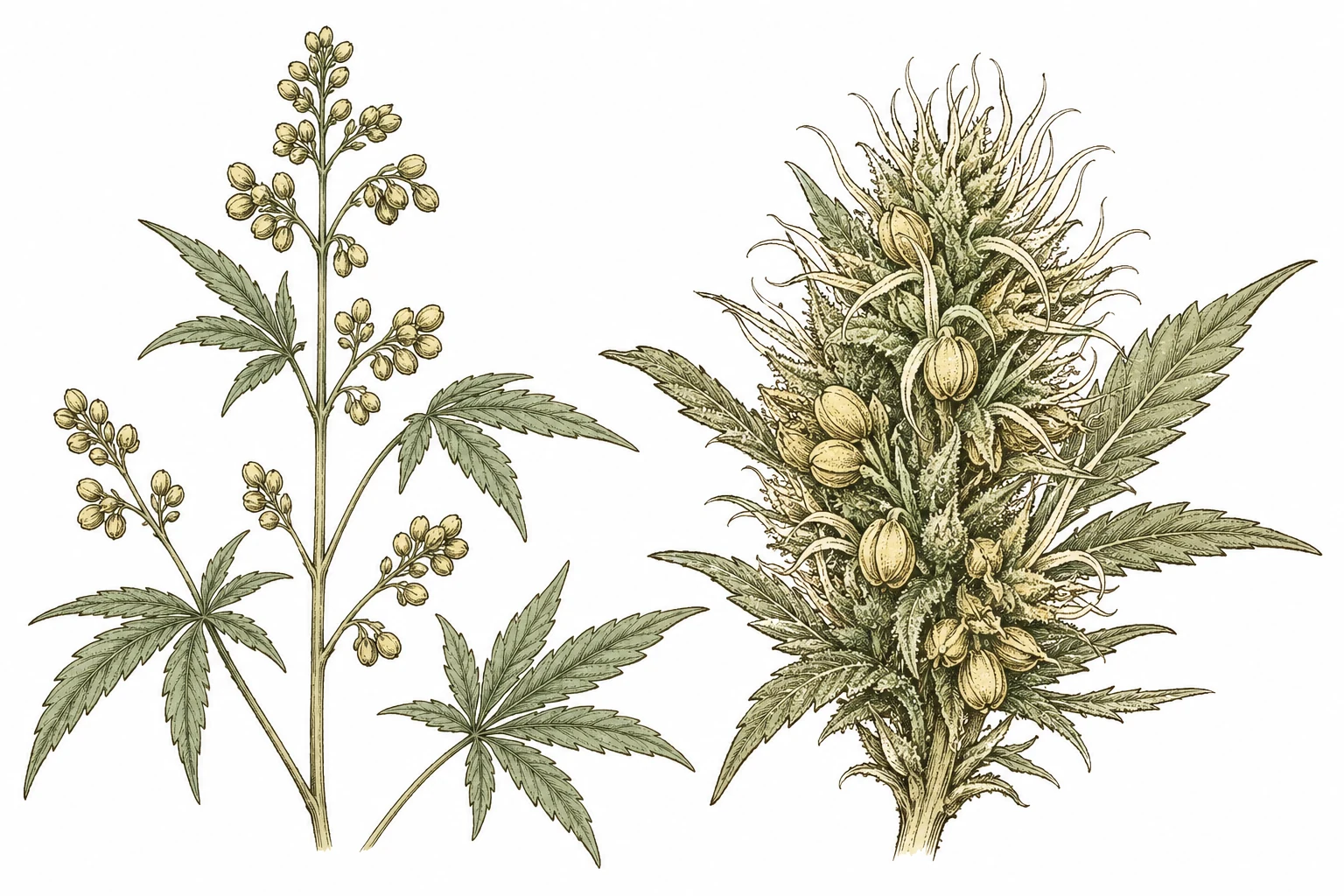 Vergleichsbild nebeneinander: Links männliche Cannabispflanze mit Pollensäcken an separaten Stielen