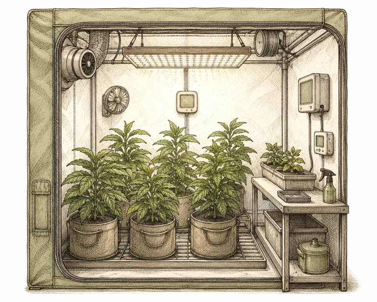 Cannabis Zwitter: Übersichtsbild eines ordentlichen Grow-Setups mit stabiler Temperaturanzeige