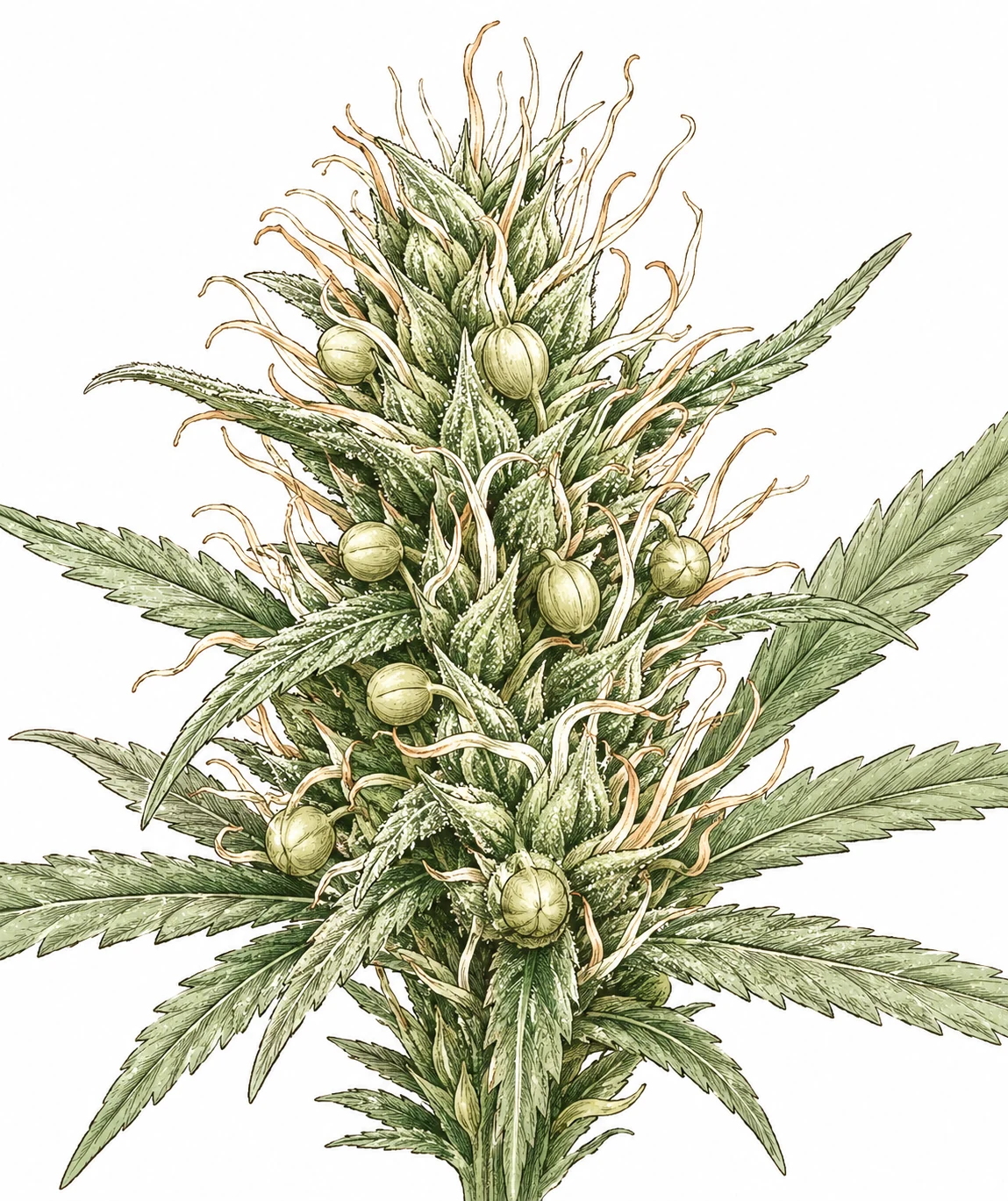 Illustration: weibliche Cannabis-Pflanze mit eingezeichneten männlichen Pollensäcken und Pistillen