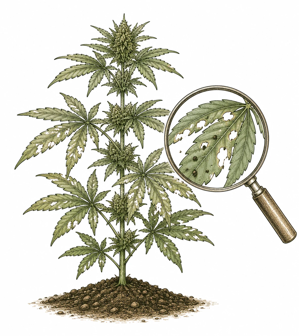 Detailaufnahme grosser Frasslloecher und Kotkruemel durch Raupen an Cannabis-Blaettern