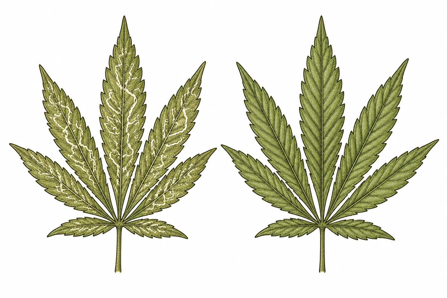 Cannabis Blatt mit Minierfliegen-Frassgaengen im Vergleich zu einem gesunden Blatt