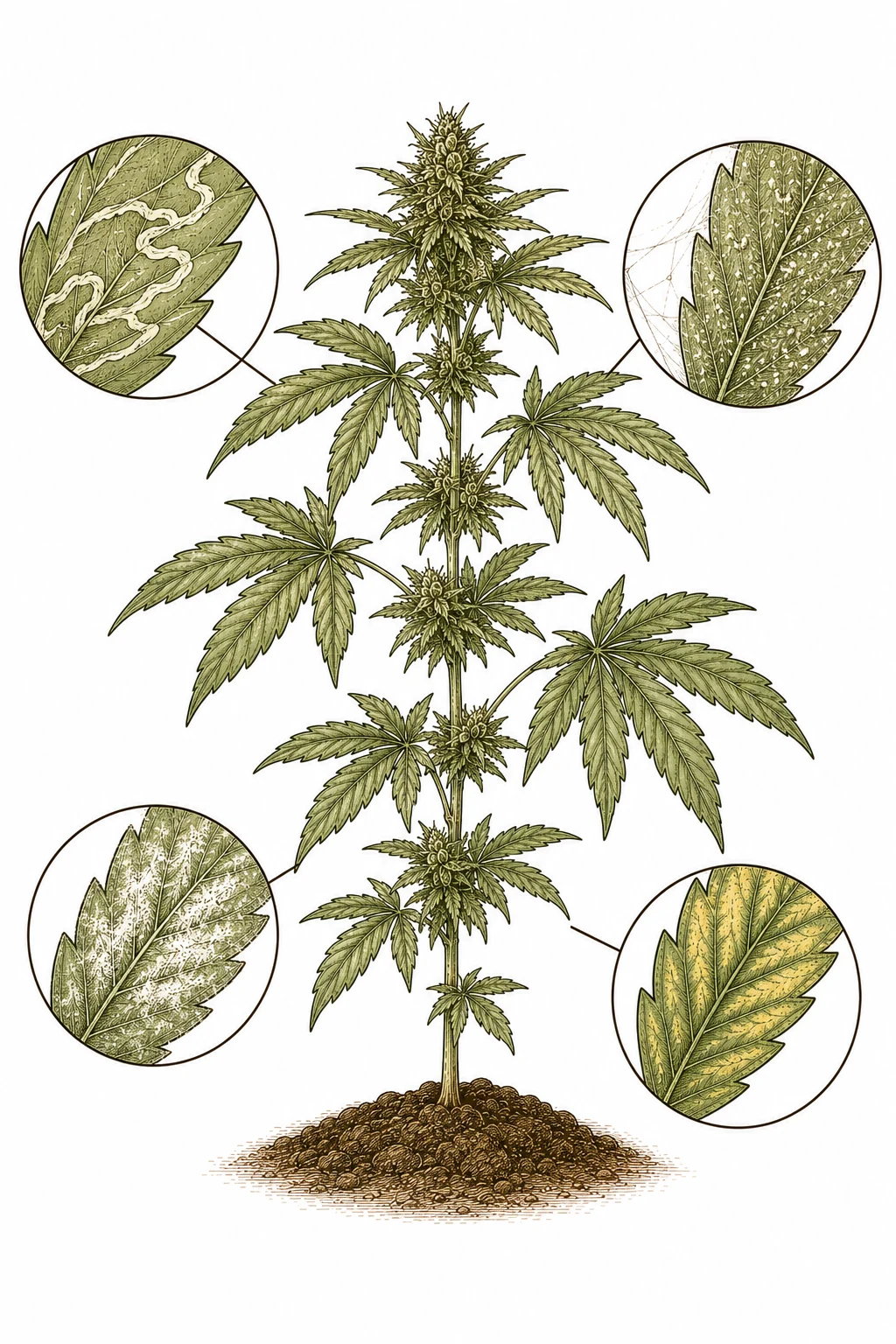 Vier Cannabis Blattschaeden im Vergleich: Minierfliegen, Spinnmilben, Mehltau und Naehrstoffmangel