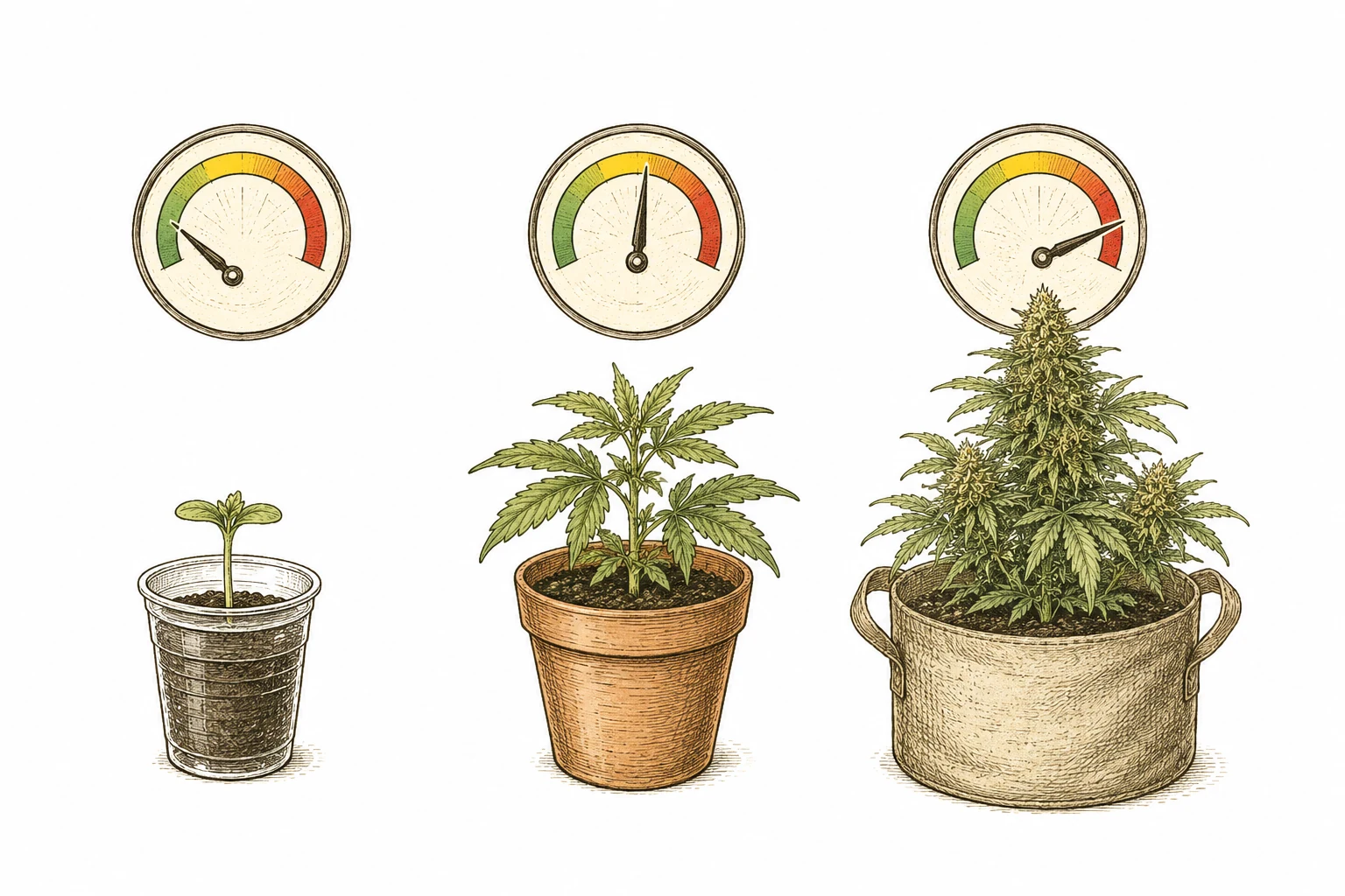 Optimale CO2-Konzentration fuer Cannabis je Wachstumsphase als Icon-Uebersicht