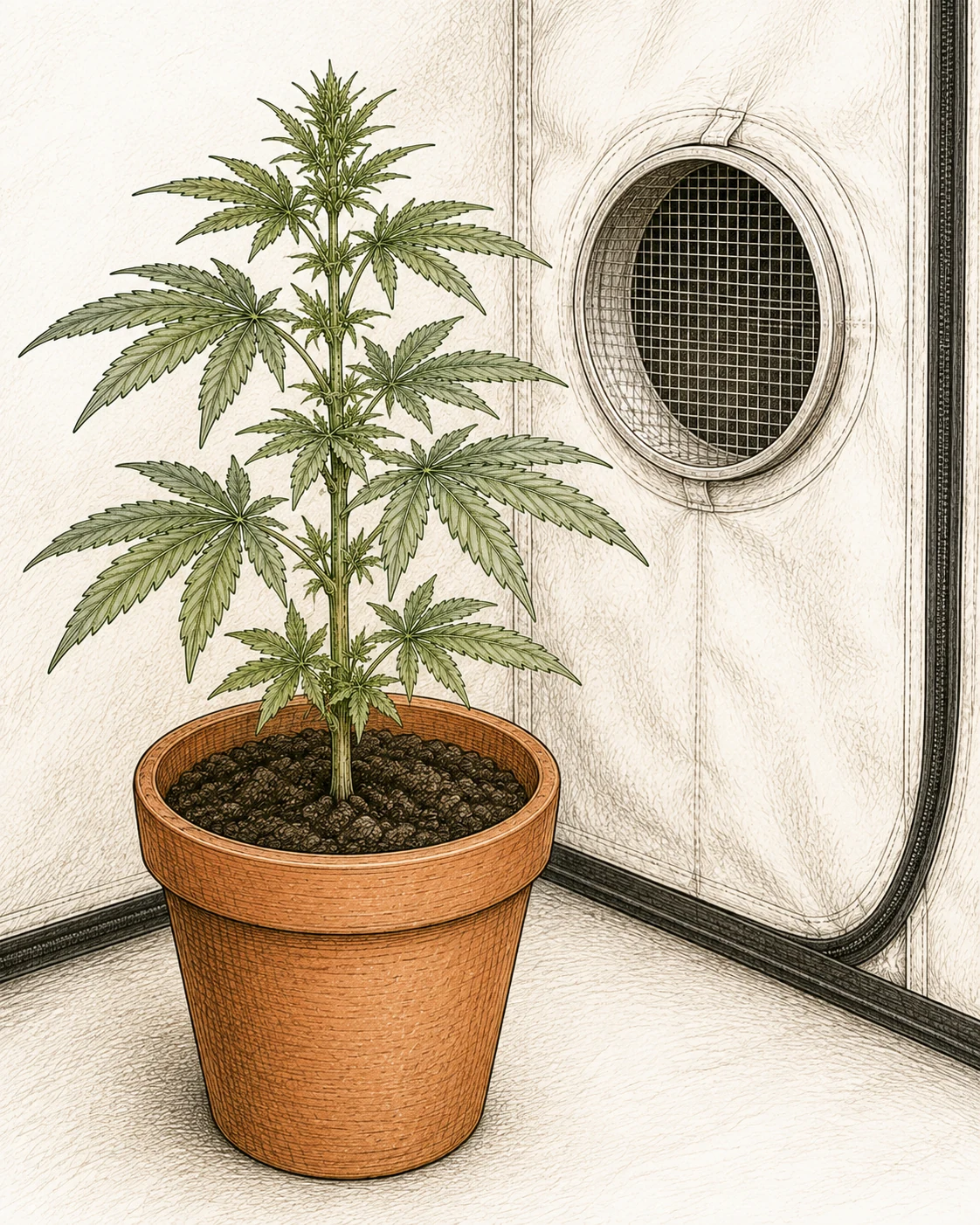 Sauberer Cannabis Grow-Raum mit Insektennetz an der Lueftung und frisch sterilisierter Erde