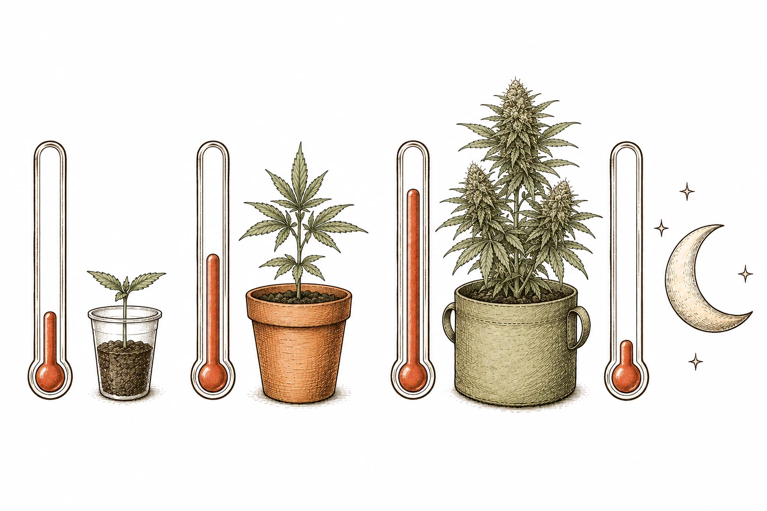 Optimale Temperaturbereiche fuer Cannabis in verschiedenen Wachstumsphasen als Icon-Uebersicht