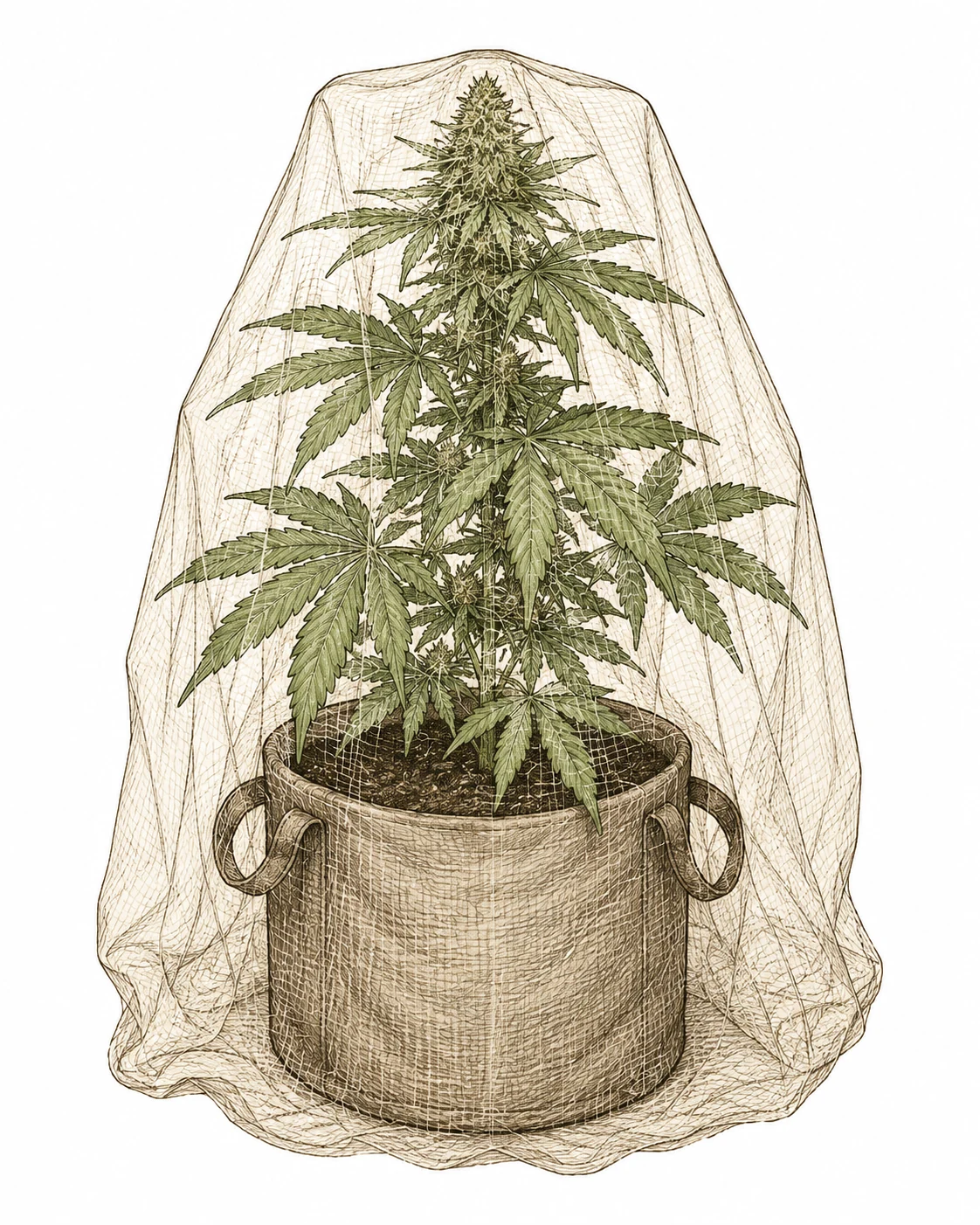 Outdoor Cannabis unter feinmaschigem Insektenschutznetz gegen Raupenbefall