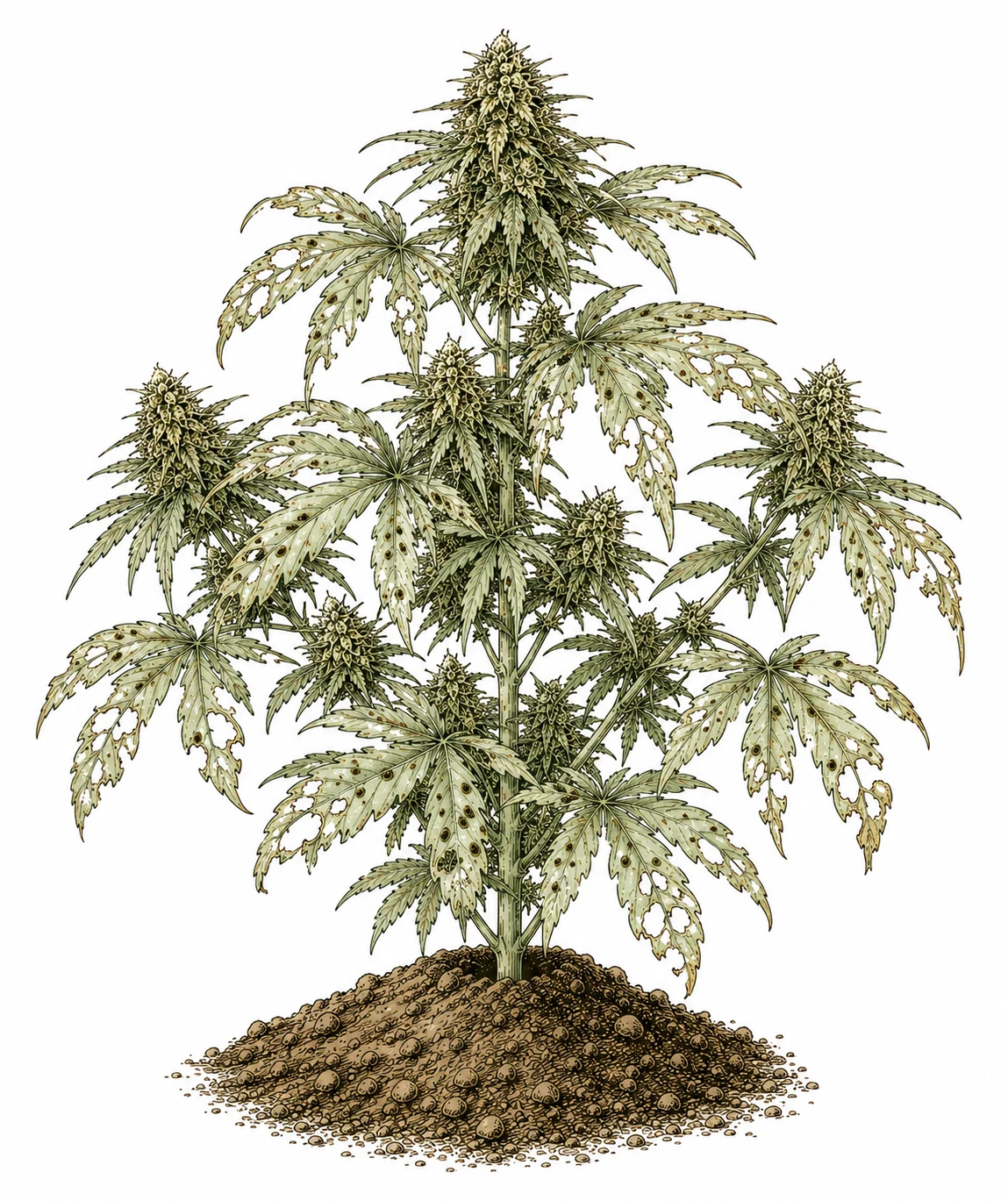 Outdoor Cannabis-Pflanze mit sichtbarem Raupenfrass und Kotkruemeln auf den Blaettern