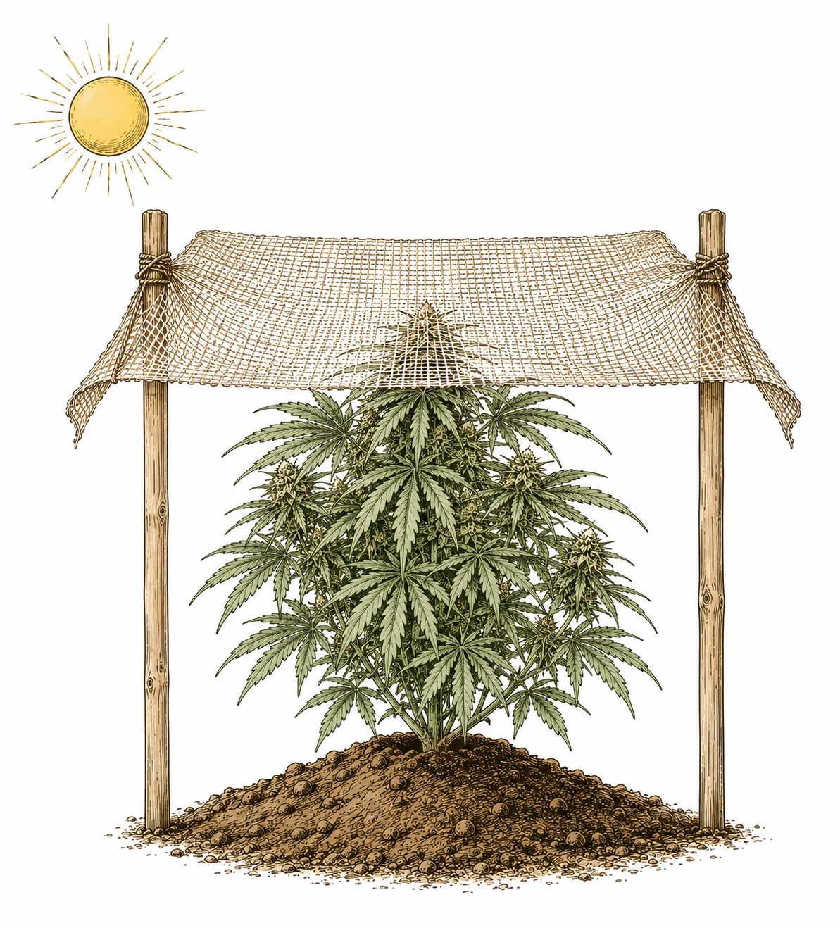 Cannabis Outdoor-Pflanze mit Schattennetz als Hitzeschutz im Sommer