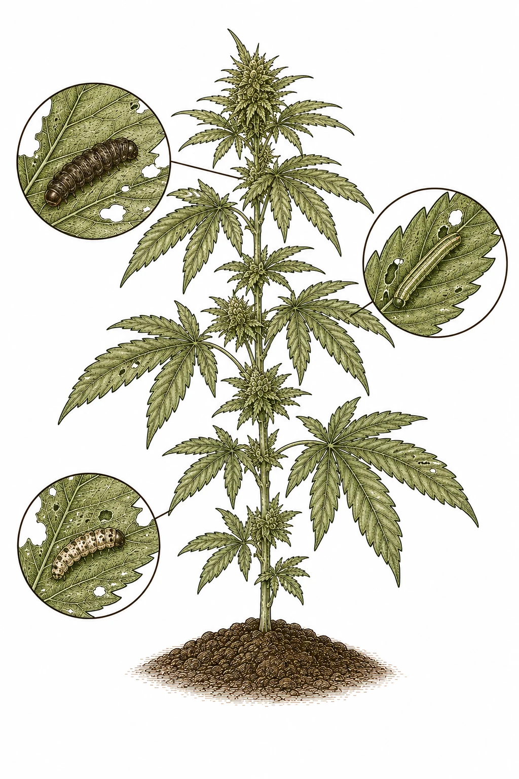 Drei haeufige Raupenarten an Cannabis im Vergleich: Kohleule, Gammaeule und Zuenslerraupe