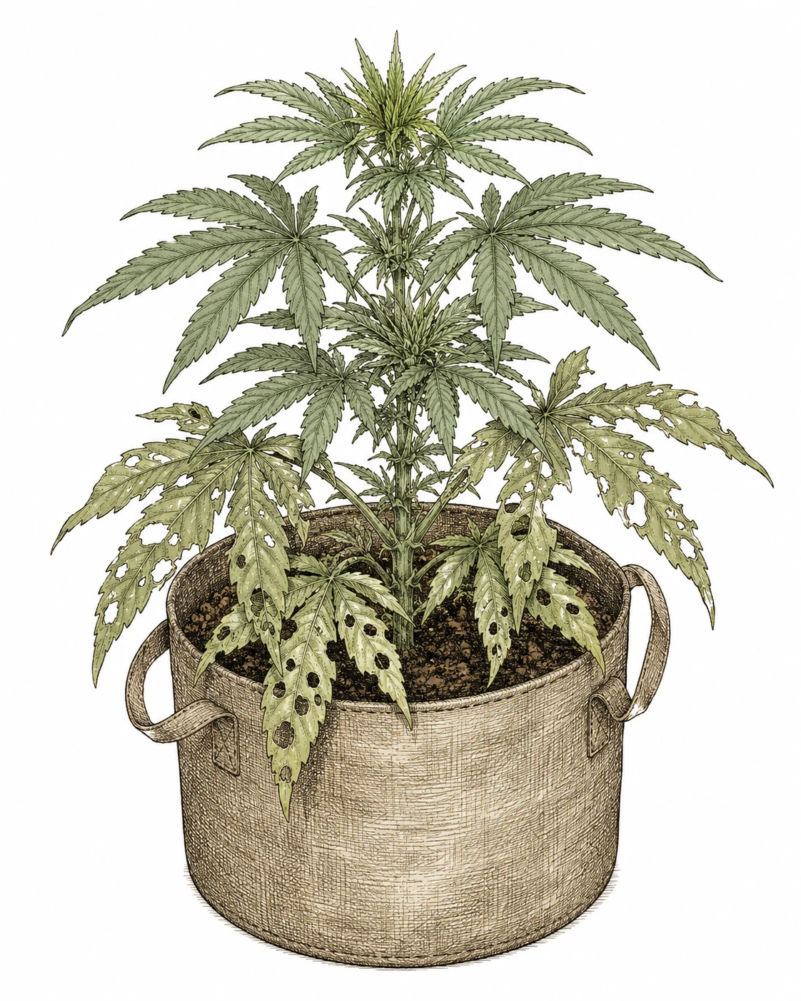 Cannabis Pflanze mit gemischtem Raupen-Schadensbild: teils ausgefressene Blaetter, teils gesunde Triebe