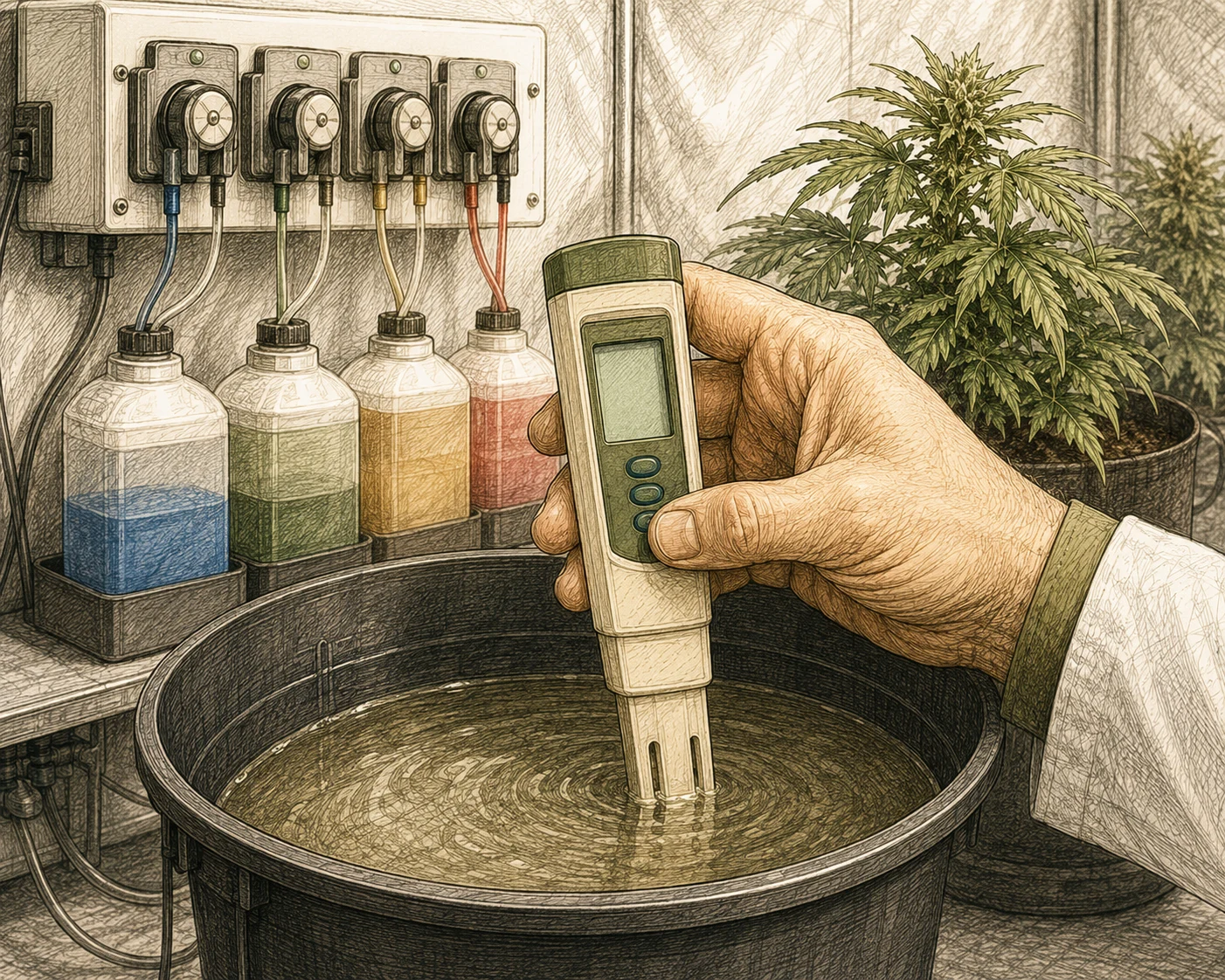 EC Meter Messung im Cannabis Growroom mit Düngerpumpen