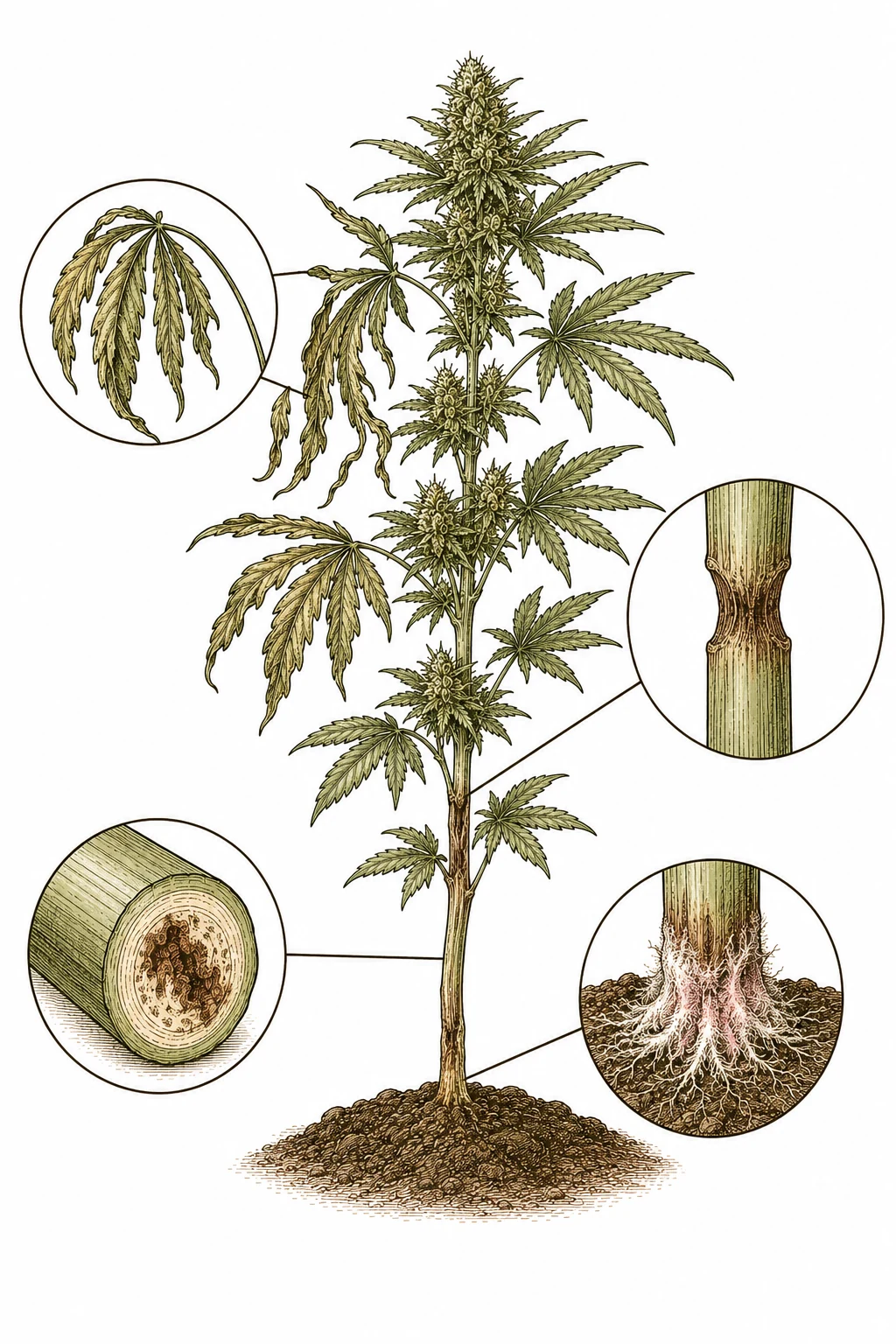 Fusarium-Symptome bei Cannabis: welke Blaetter, brauner Staengel und weisslisches Myzel