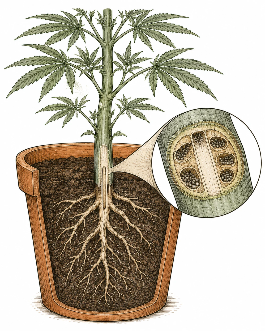 Fusarium-Sporen blockieren die Wasserleitbahnen im Cannabis-Staengel