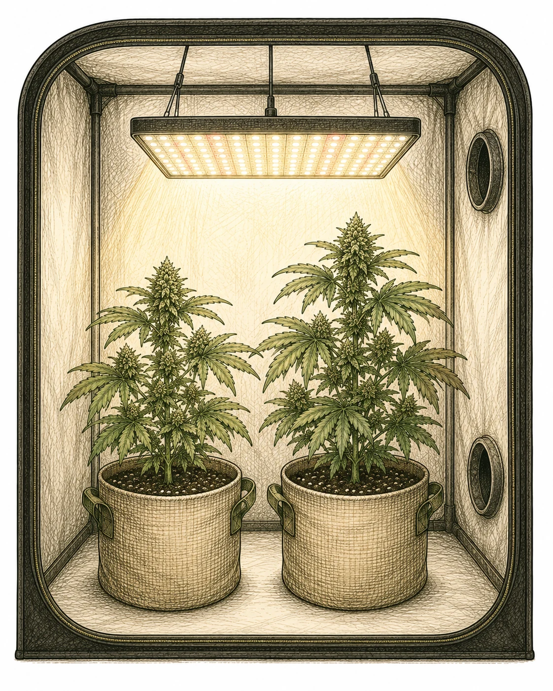 LED-Lampe ueber Cannabis-Pflanzen im Growzelt beim Growbox einrichten