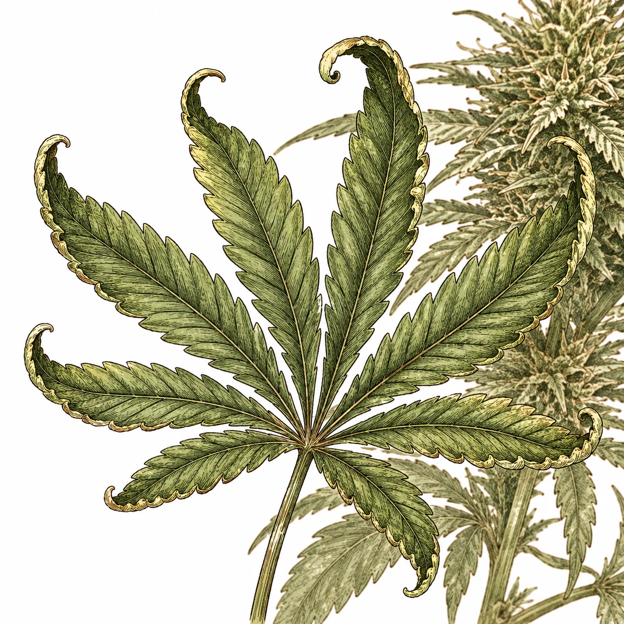 Cannabis Blatt mit Hitzestress, nach oben rollende Blattränder