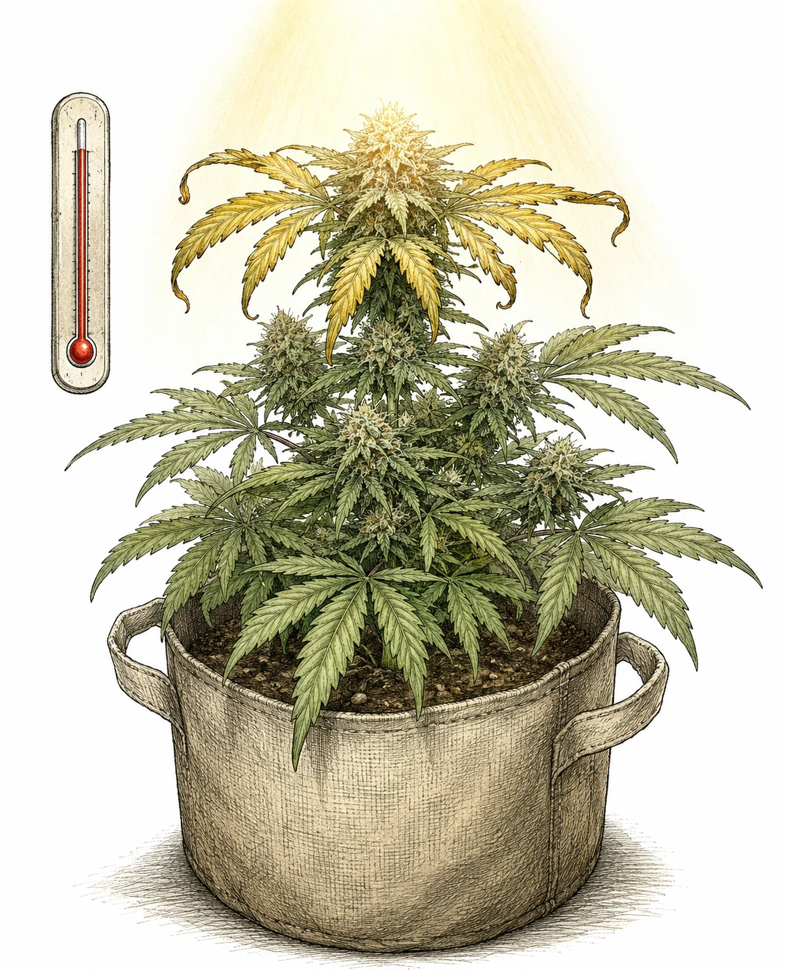 Thermometer zeigt hohe Temperatur bei Cannabis Hitzestress durch LED zu nah