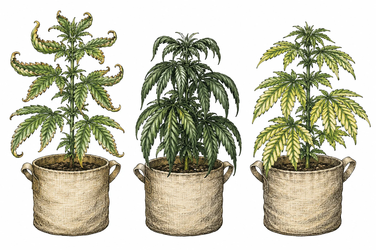 Vergleich Cannabis Blaetter: Hitzestress, Ueberwaesserung und Magnesiummangel im Unterschied