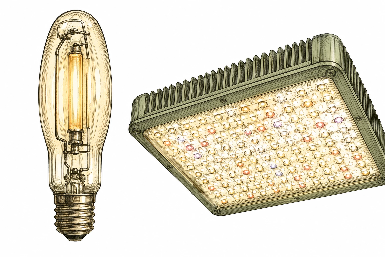 LED vs HPS Cannabis Grow – Detailvergleich Natriumdampflampe und LED-Platine