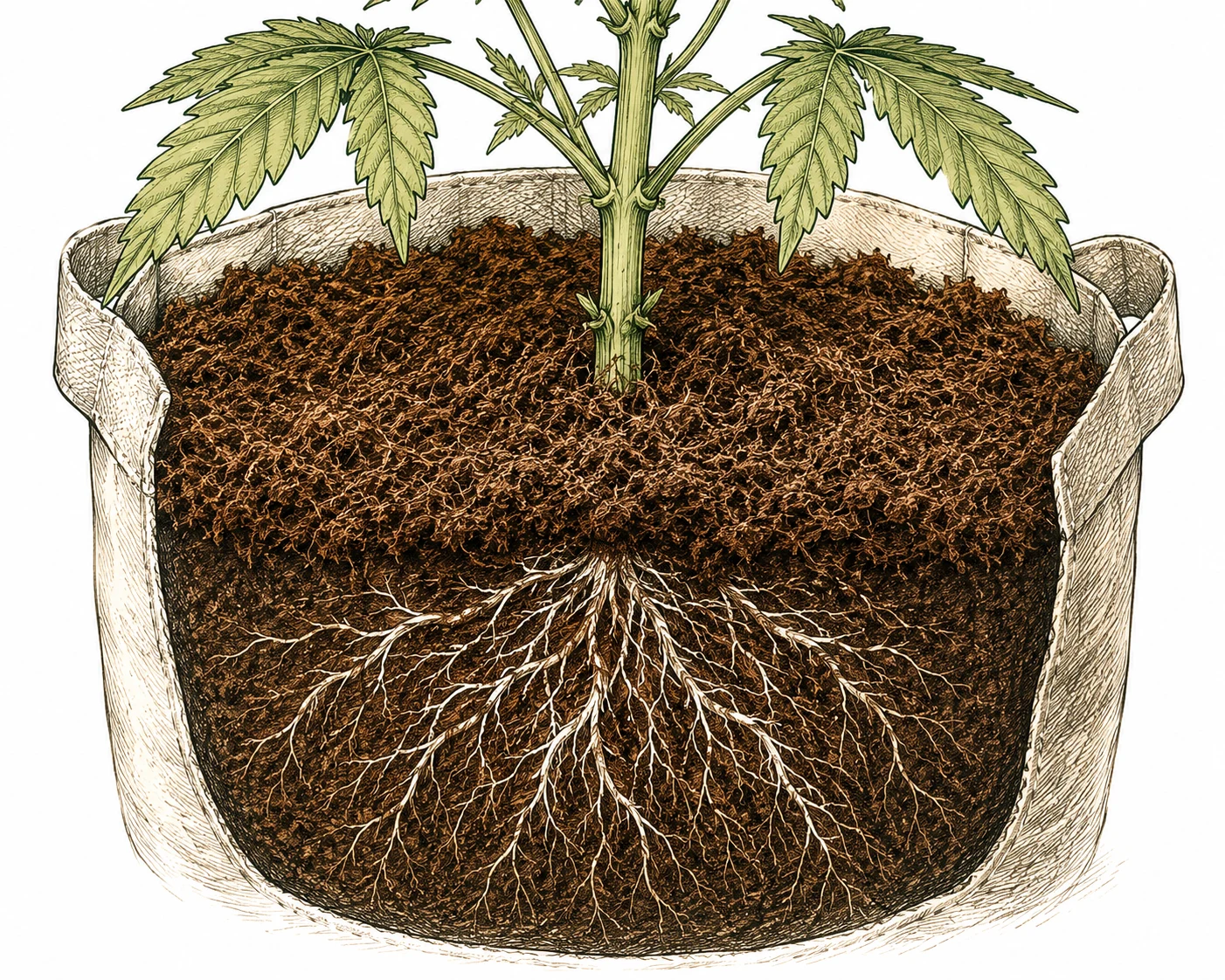 Kokoserde Growbag mit weißen Cannabis Wurzeln
