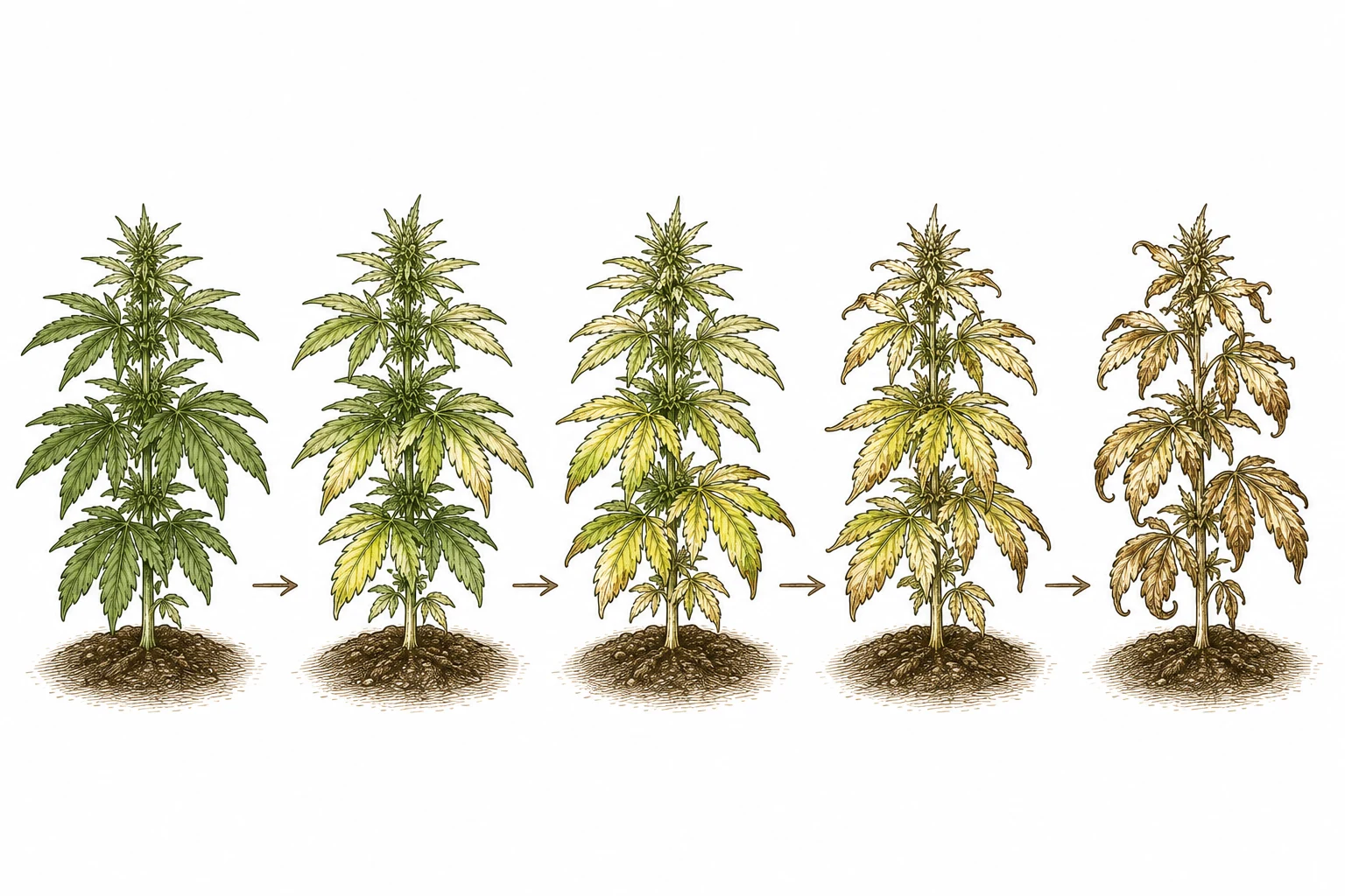 Cannabis Krankheitsverlauf im Zeitraffer, leichte bis starke Blattschäden