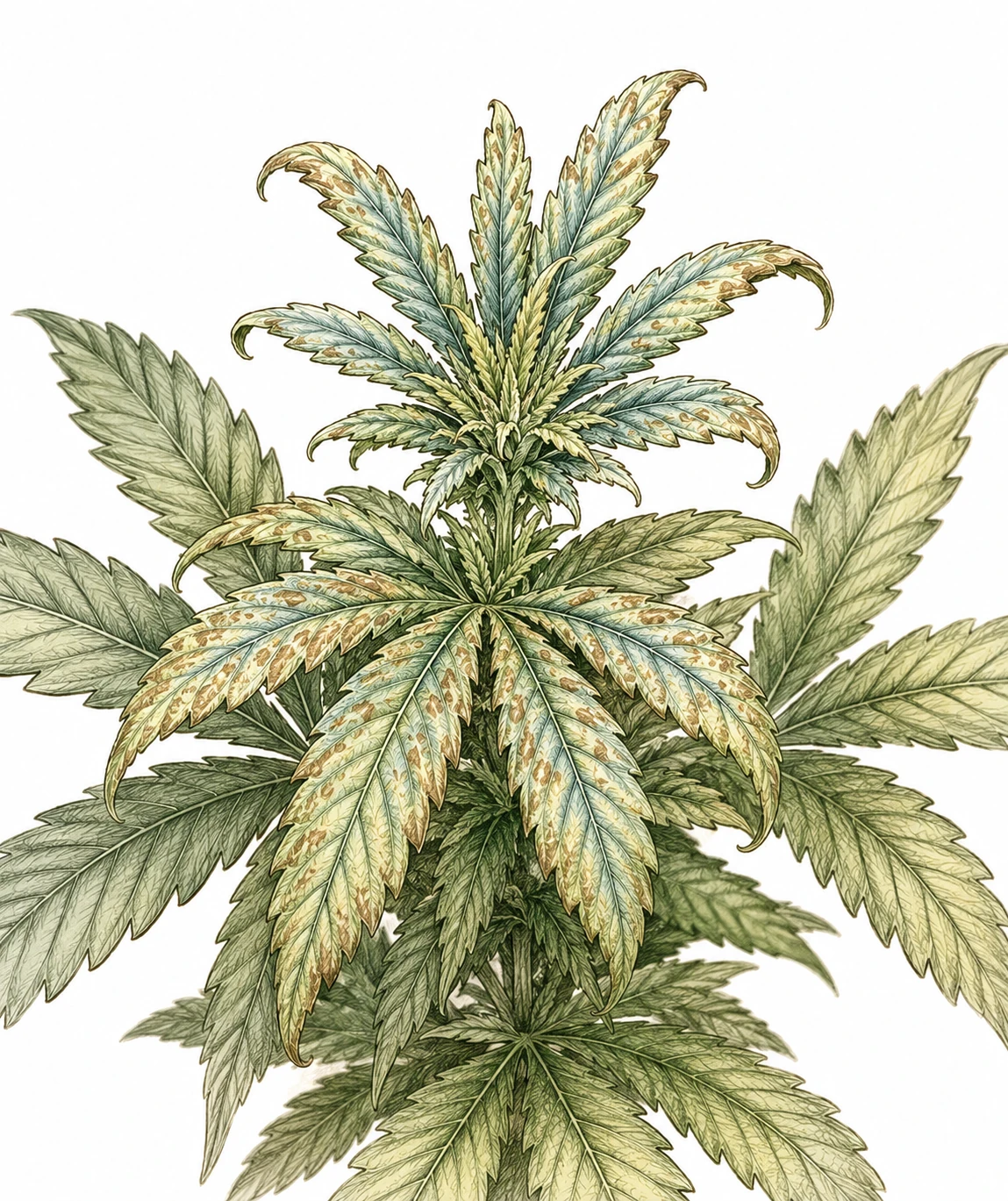 Kupfermangel Cannabis — blaugrüne Blätter mit Bronzeflecken