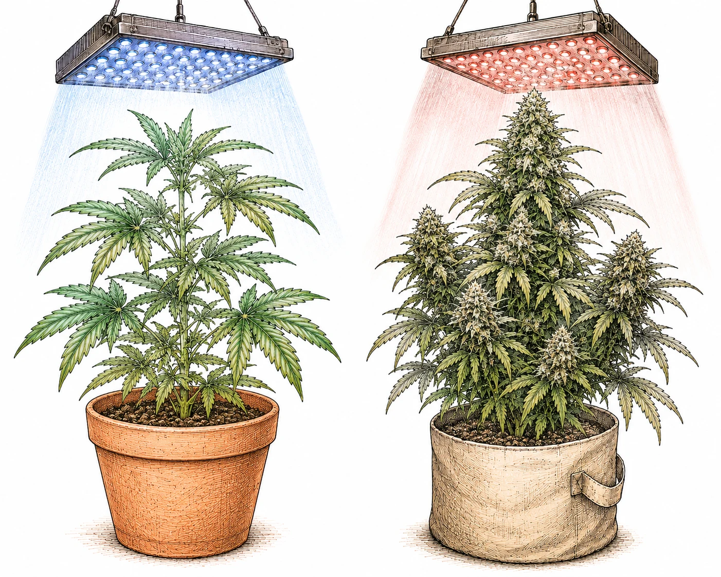 Cannabis unter blauem LED-Licht vegetativ und rotem LED-Licht in Blüte