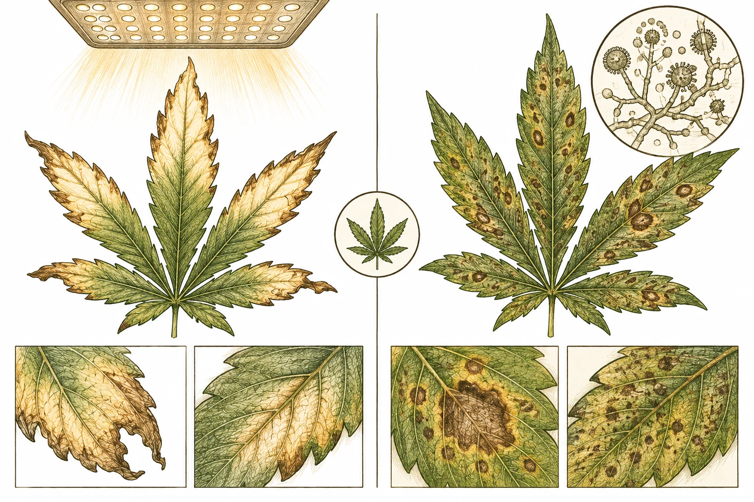Lichtverbrennung vs. Pilzbefall bei Cannabis Blättern im Vergleich