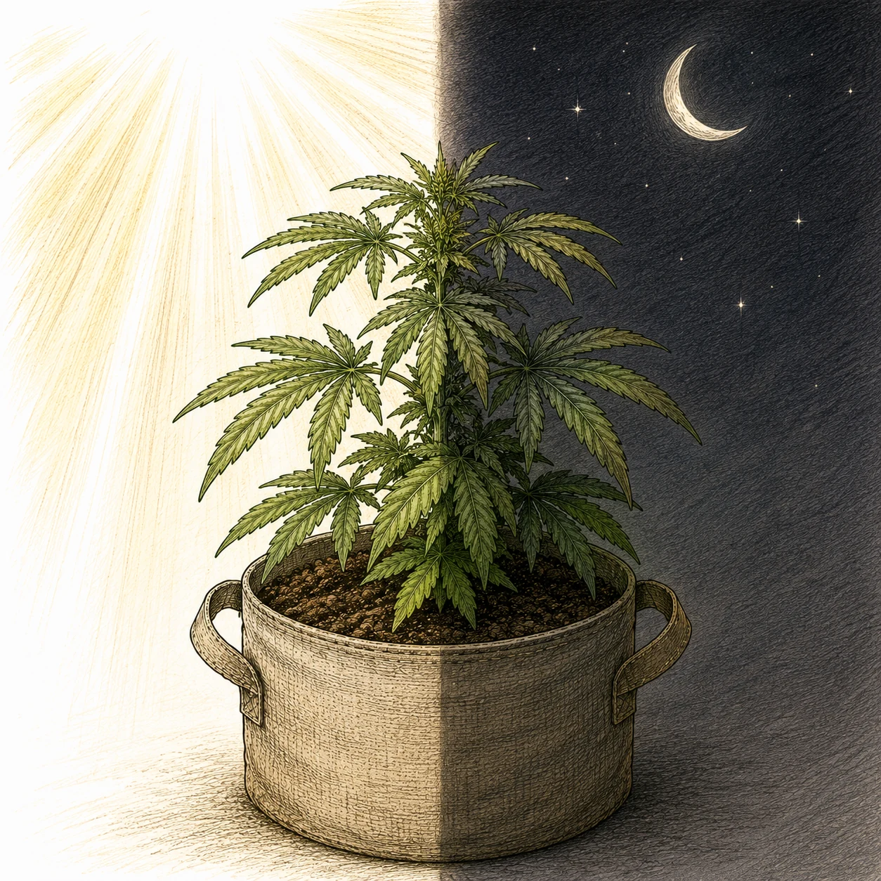 Cannabis Pflanze im Wechsel zwischen Hell- und Dunkelphase im Lichtzyklus