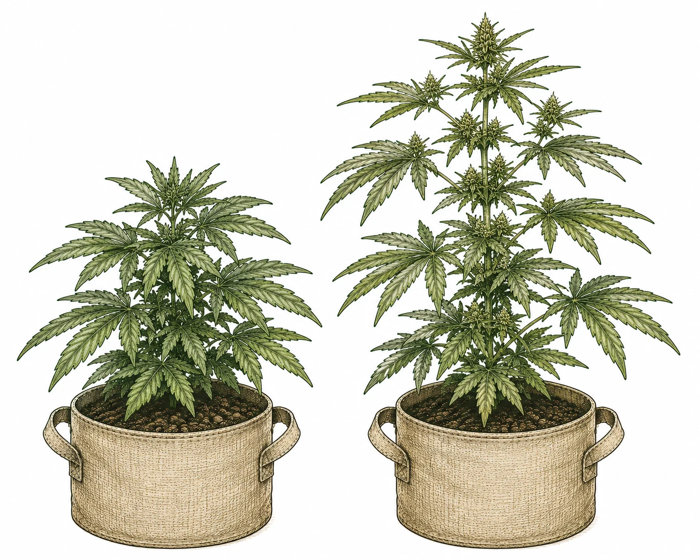 Cannabis Pflanze vor und nach der Streckungsphase im Groessenvergleich