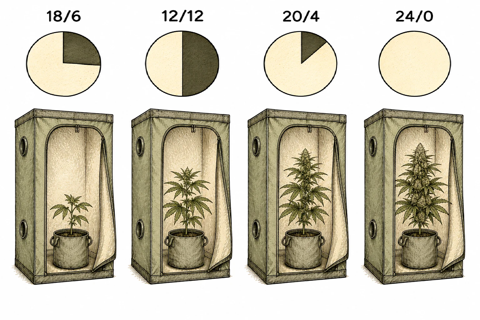 Vier verschiedene Lichtzyklen im Vergleich: Growbox-Illustrationen mit unterschiedlichem Hell-Dunkel-Verhaeltnis