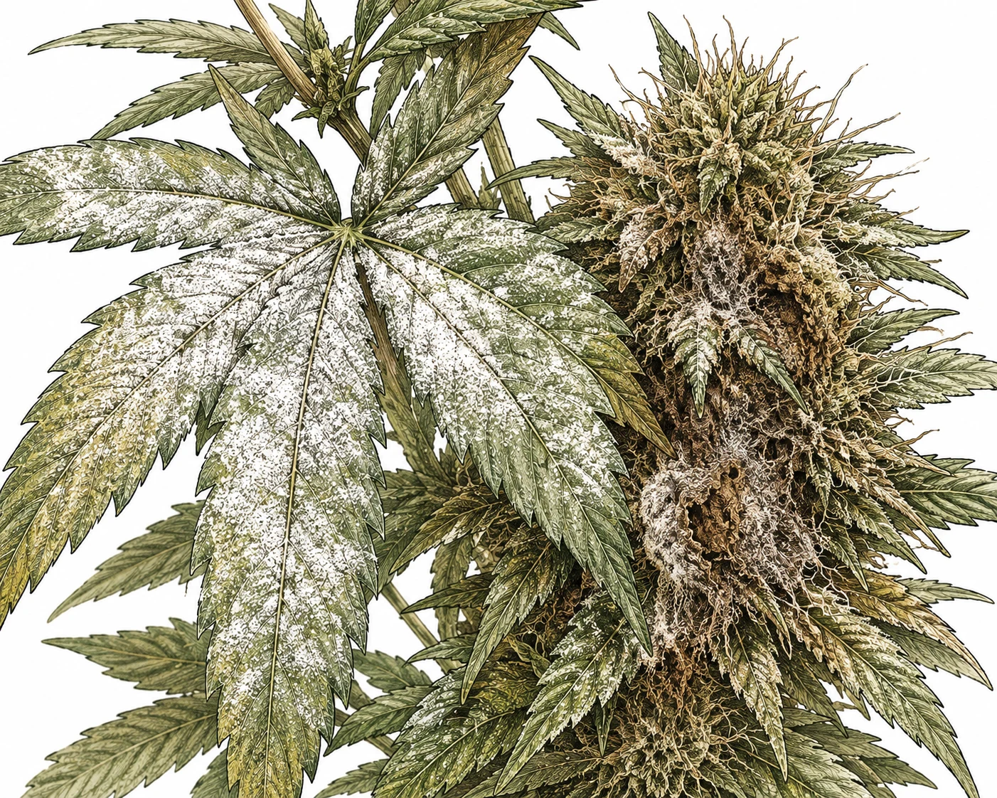Mehltau und Botrytis Symptome an Cannabis Blättern und Blüten