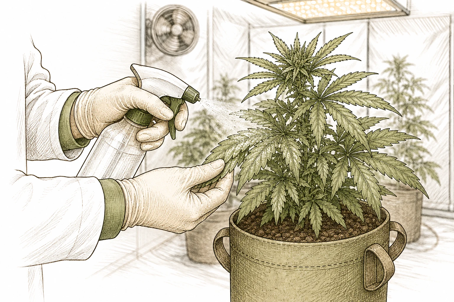 Backpulver-Loesung gegen Mehltau auf Cannabis-Blaetter spruehen