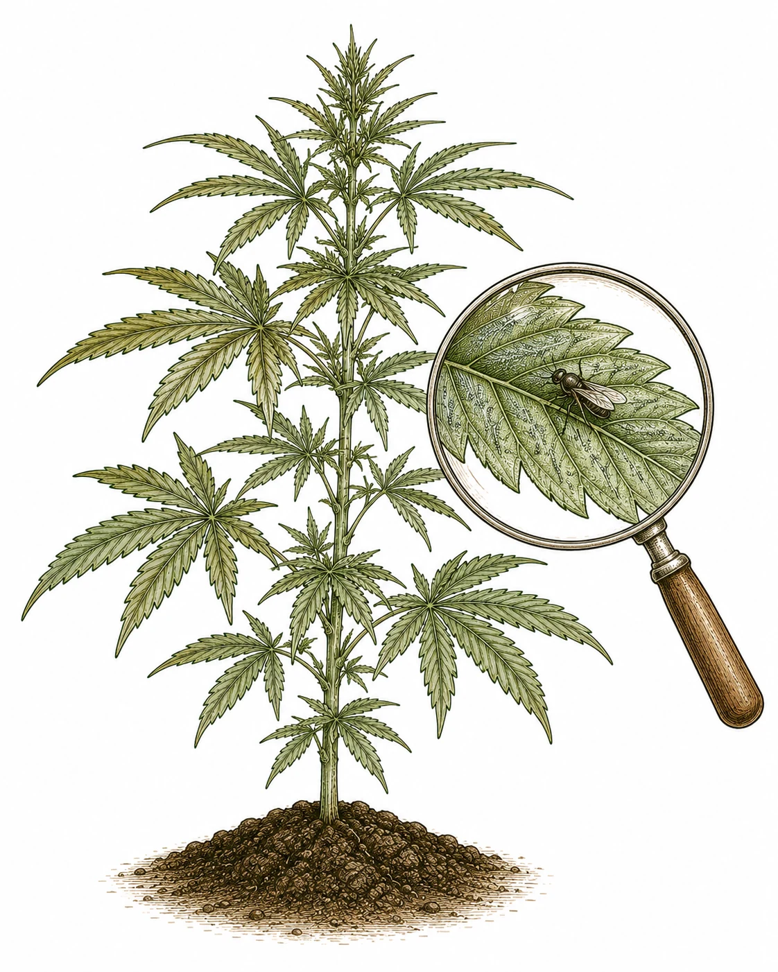 Adulte Minierfliege auf einem Cannabis-Blatt in Nahaufnahme