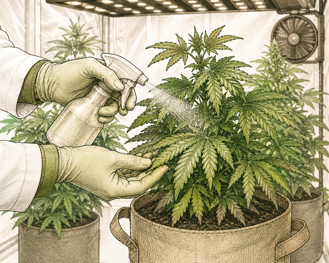 Biologisches Pflanzenschutzmittel gegen Minierfliegen auf Cannabis-Blaetter spruehen