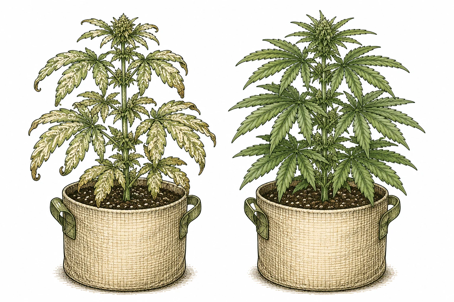 Cannabis Pflanze mit schwerem Minierfliegen-Befall im Vergleich zu einer gesunden Pflanze