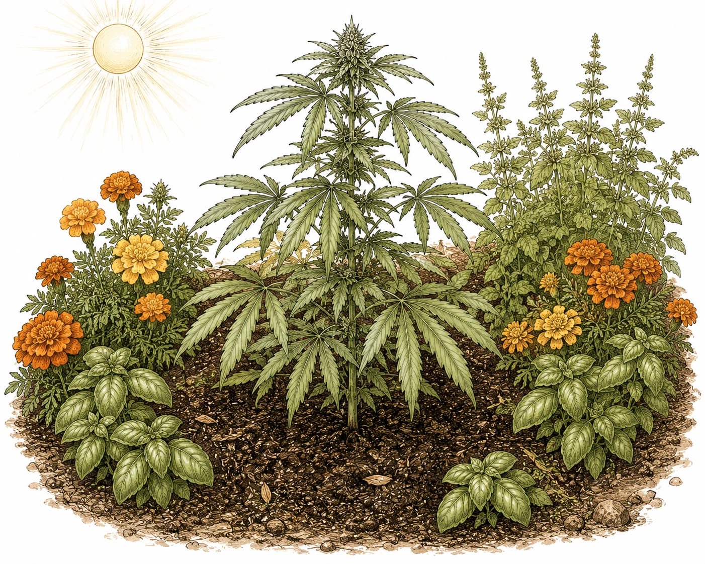 Cannabis Outdoor Beet mit Begleitpflanzen, organischer Anbau
