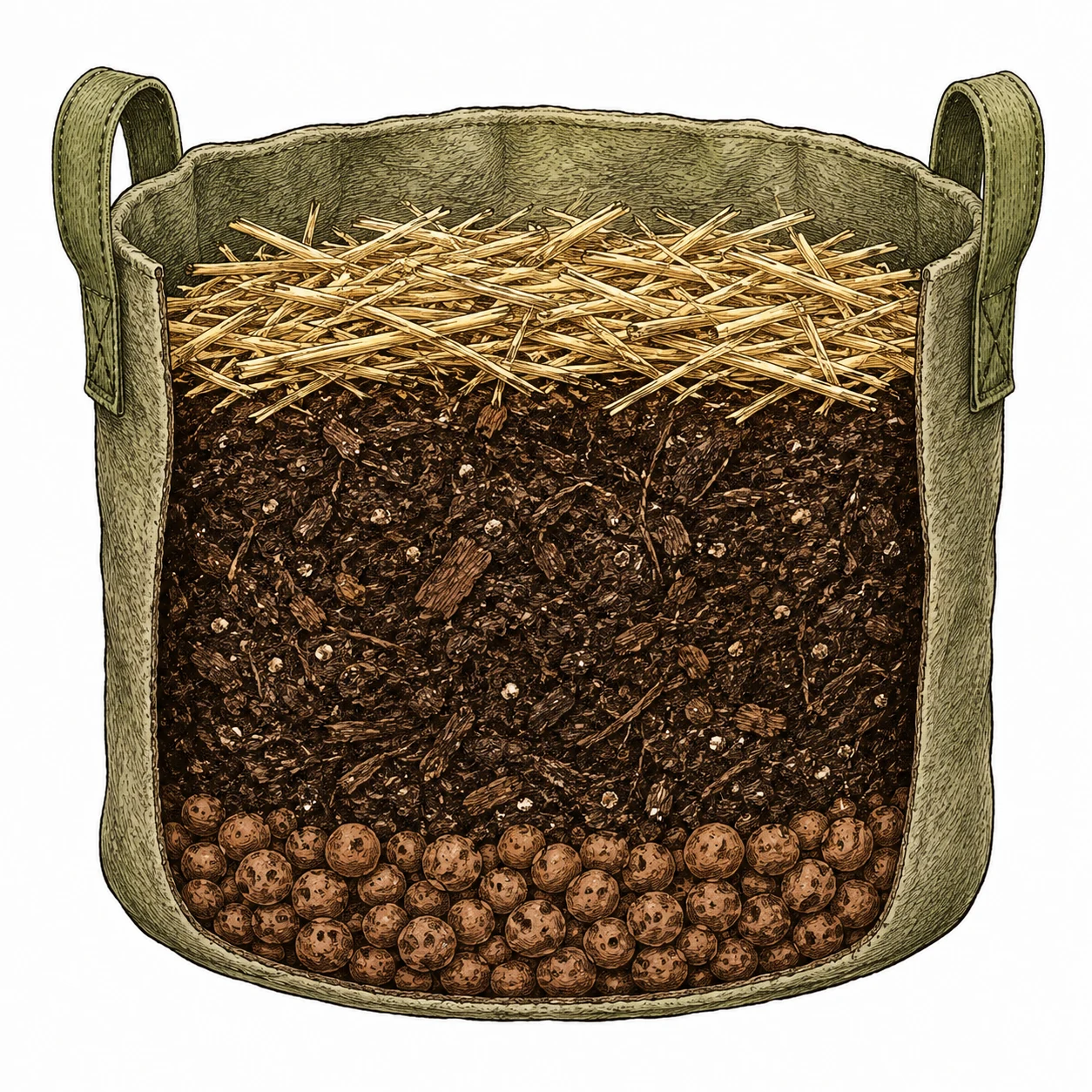 Fabric Pot Querschnitt mit Schichten für organischen Anbau