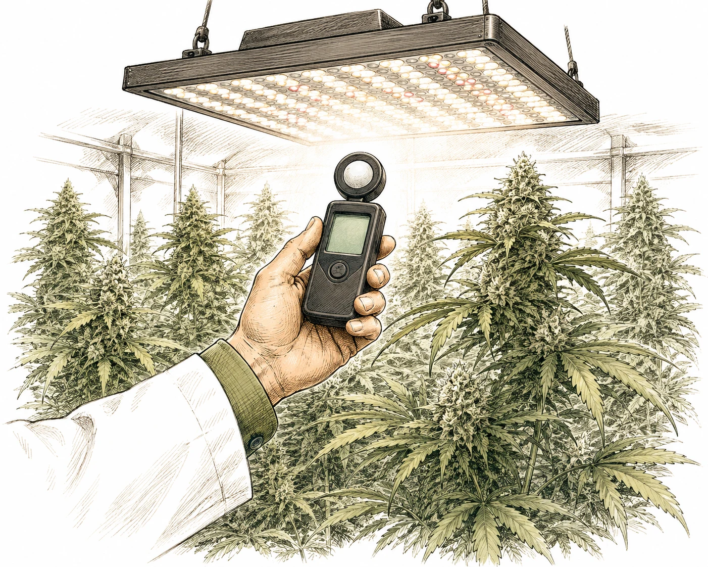PAR-Meter Messung unter LED-Lampe im Cannabis Growroom