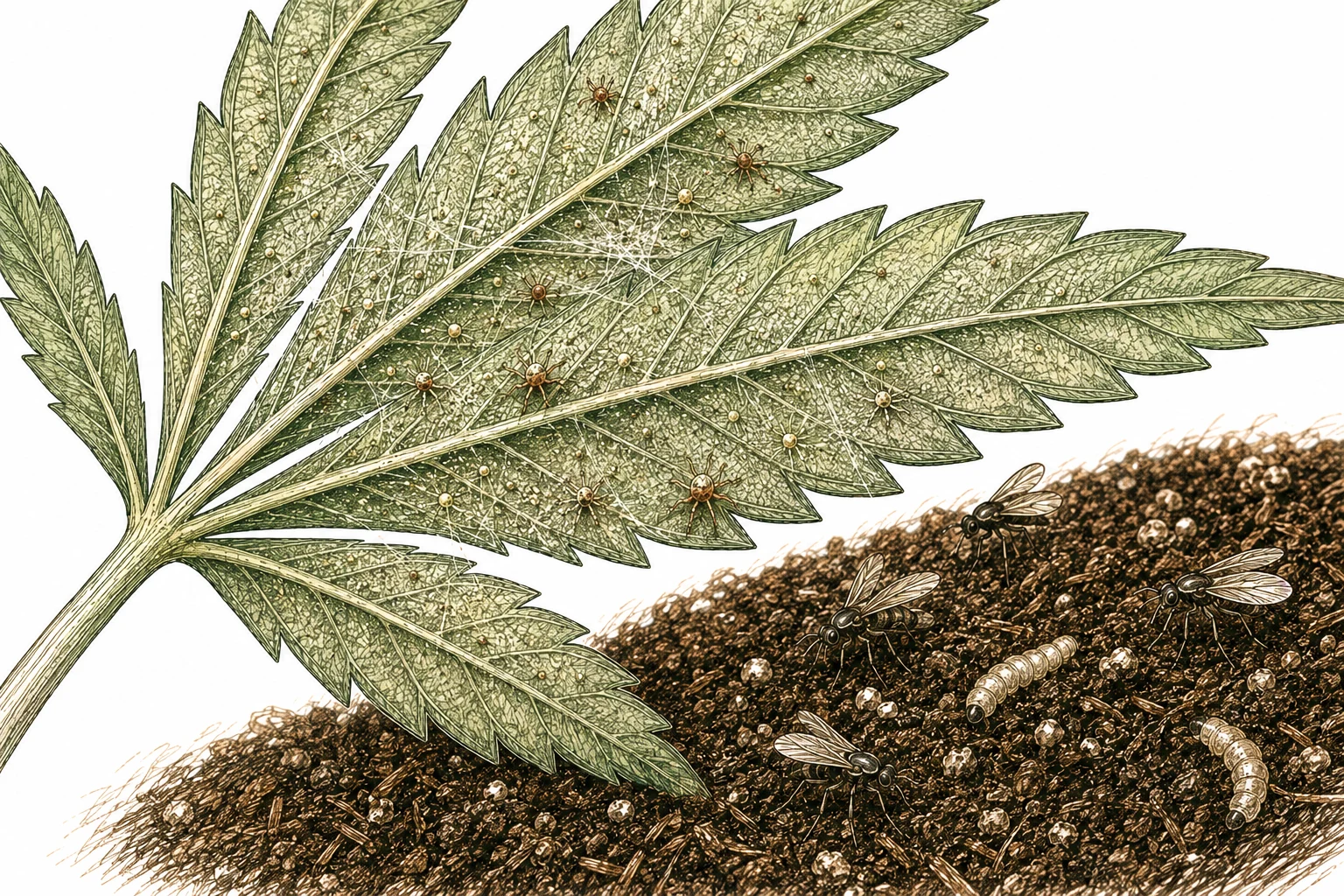 Spinnmilben und Gespinste auf Cannabis Blattunterseite