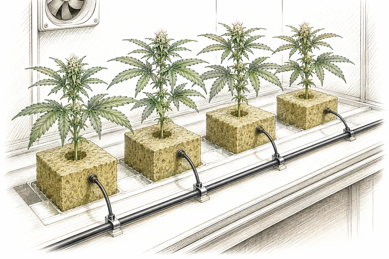 Steinwolle Matten mit Tropfsystem in der Cannabis Blütephase