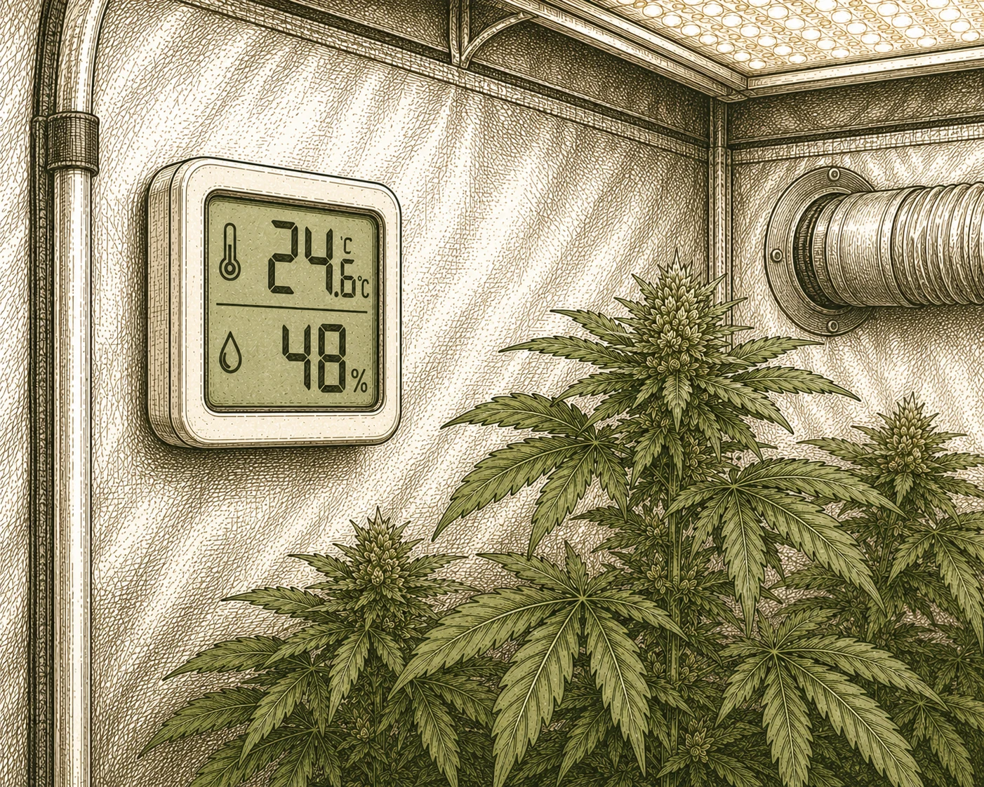 Thermometer neben gesunder Cannabis Pflanze im Grow Tent