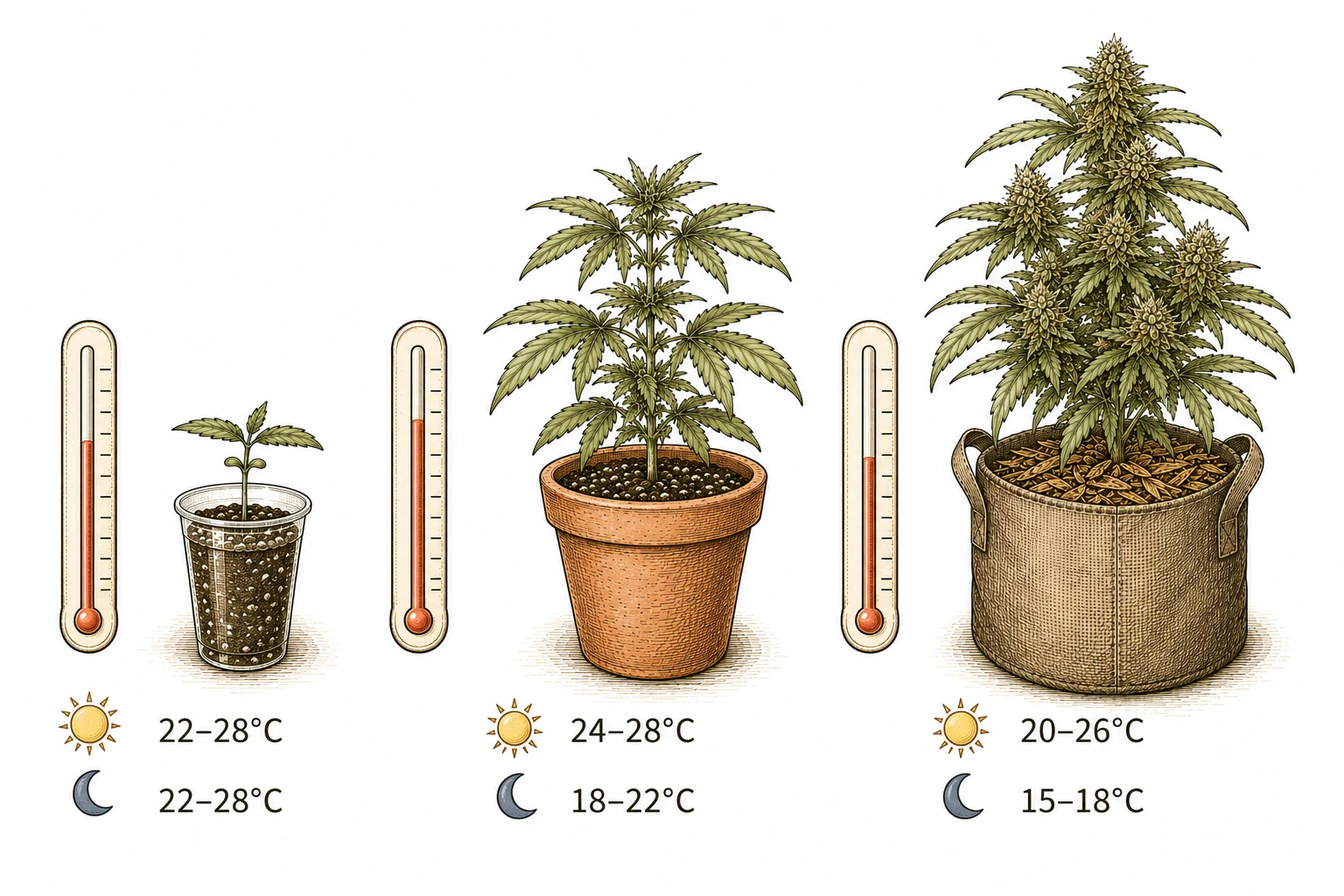 Cannabis Temperaturbereiche je Wachstumsphase: Keimung, Vegetation, Blüte