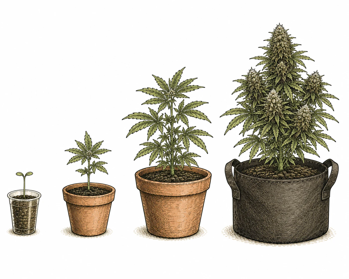 Cannabis Topfgrößen nach Wachstumsphase im Vergleich