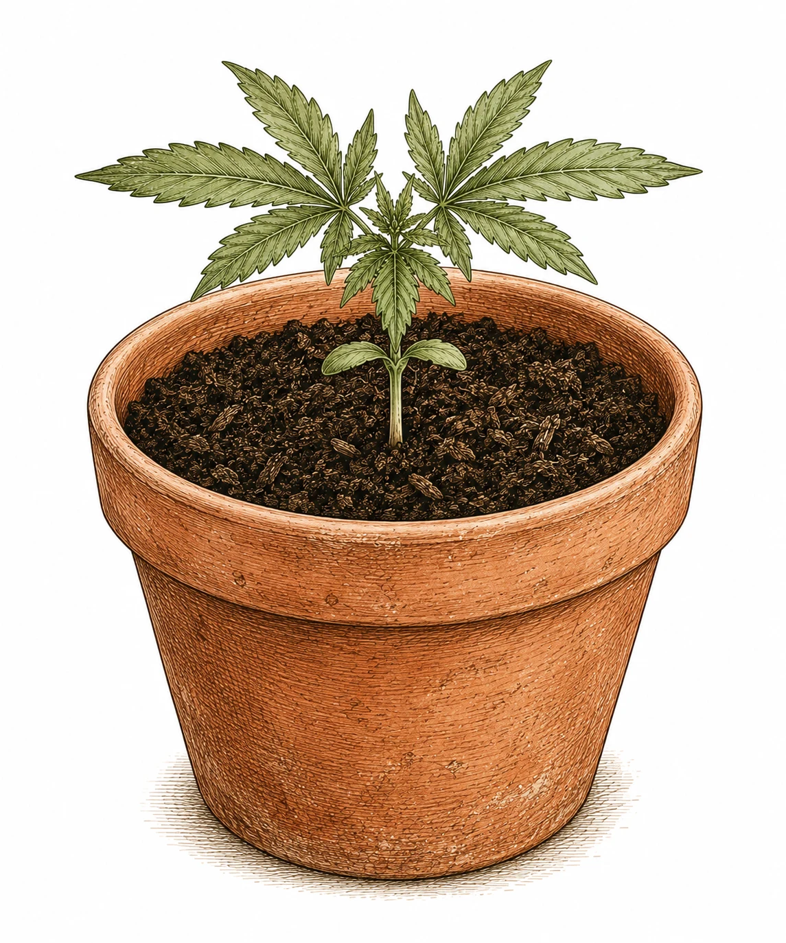 Torfsubstrat im Topf mit jungem Cannabis Sämling