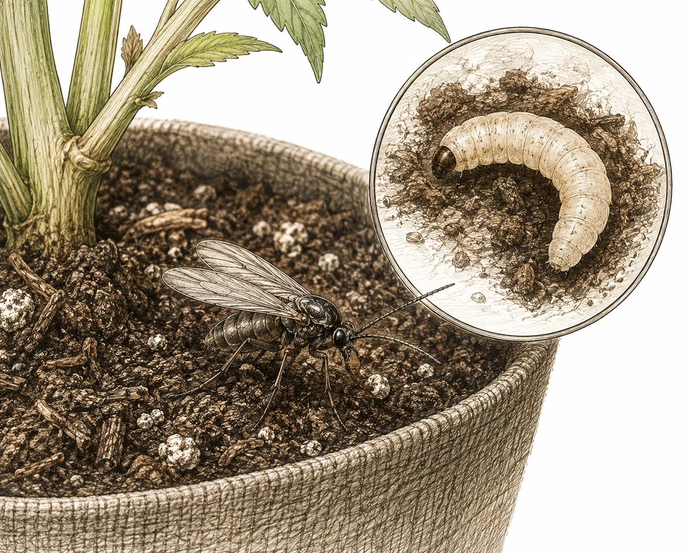 Trauermücken Cannabis – adulte Mücke und Larve im Vergleich