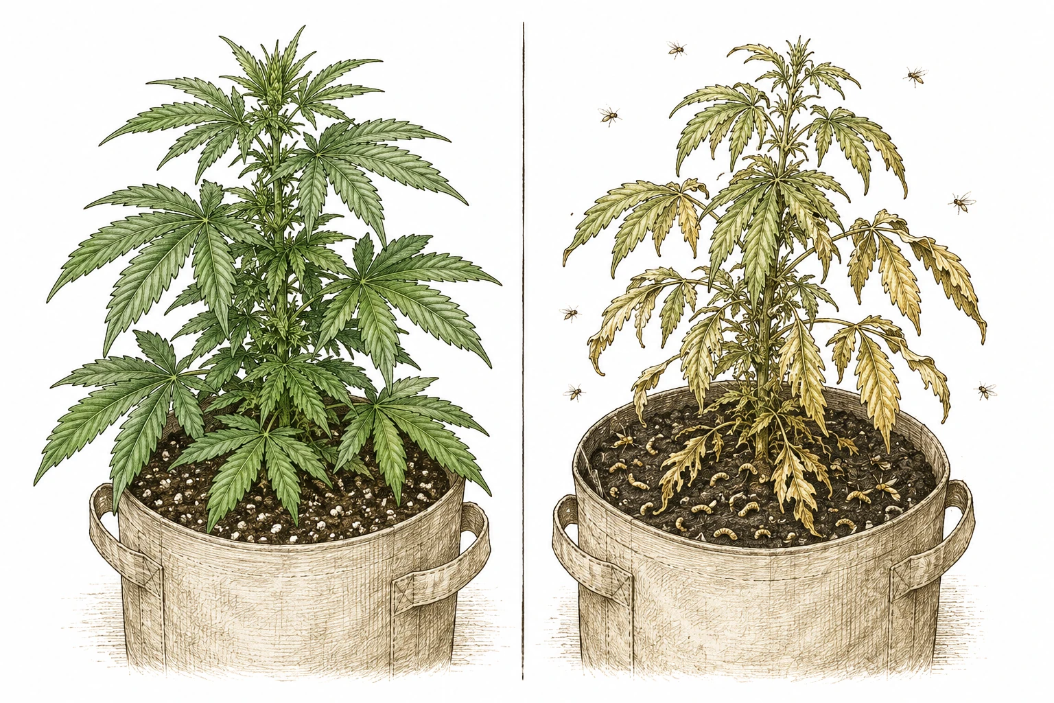 Trauermücken Cannabis – gesunde und geschädigte Pflanze im Vergleich